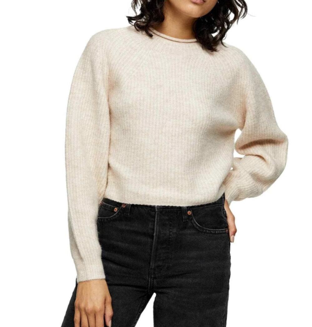 TOPSHOP Women's Nude Cropped Crewneck Long Sleeves Sweater Size 12 &14